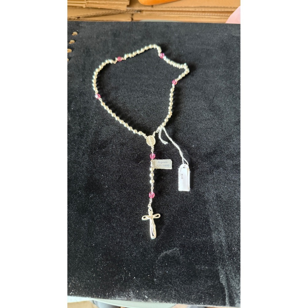 Argento 925 Sterling Silver Rosary Necklace‎ Pink Crystal Beads R122 NEW
